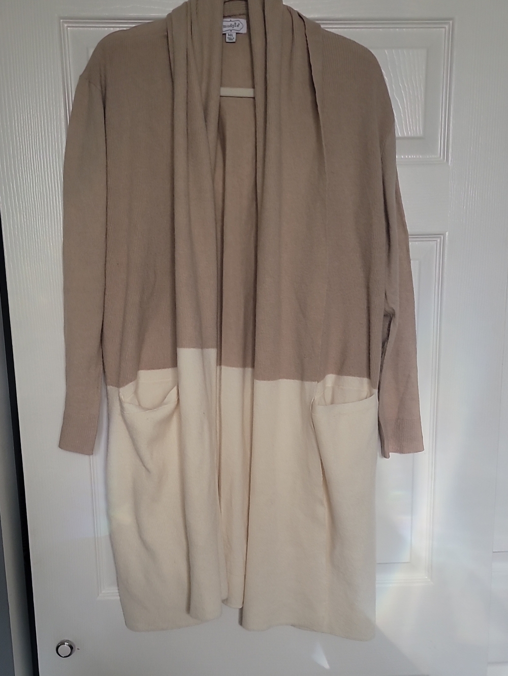 Mud Pie Two-Tone Beige and Cream Open Front Cardigan